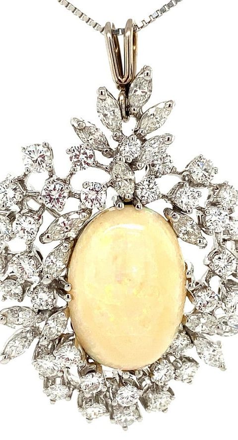 Vintage 14K White Gold Pendant with Opal and Diamond